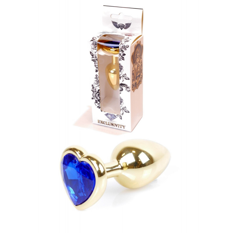 Анальная пробка металлическая Jewellery Gold Heart PLUG- Dark Blue