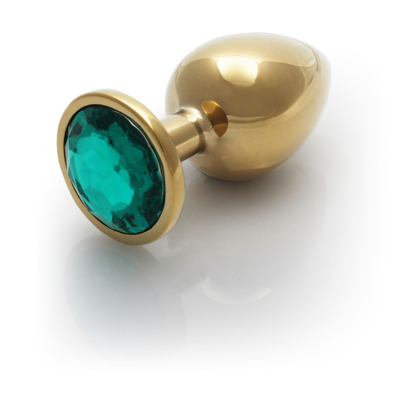 Анальная пробка металлическая размер L Round Gold Green Gem Butt Plug - Large