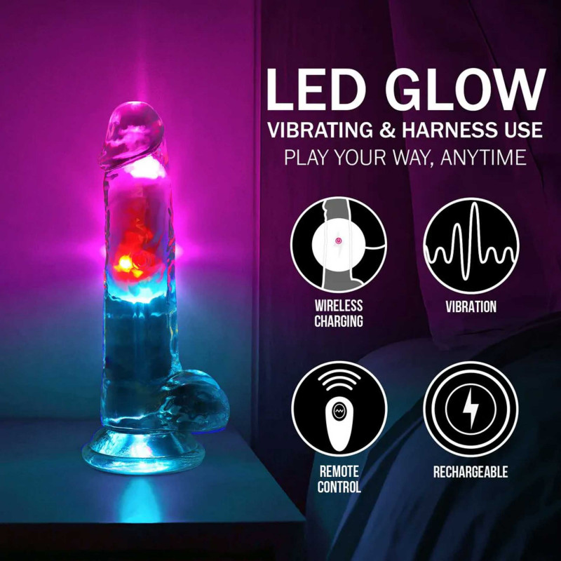 Реалистичный прозрачный вибратор с подсветкой и пультом ДУ LED Vibrating Straight Cock with Balls, 18 см