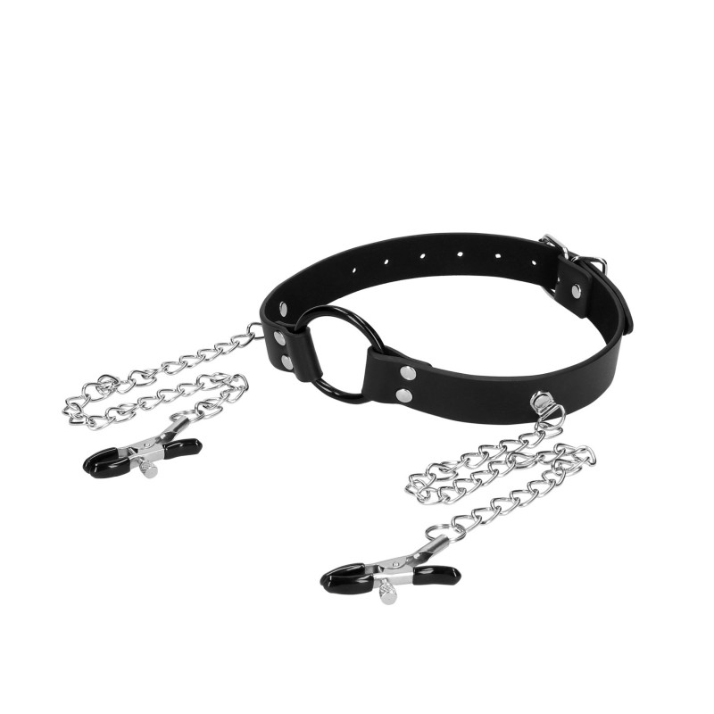 Кляп кольцо с зажимами на соски Ouch O-Ring Gag with Nipple Clamps