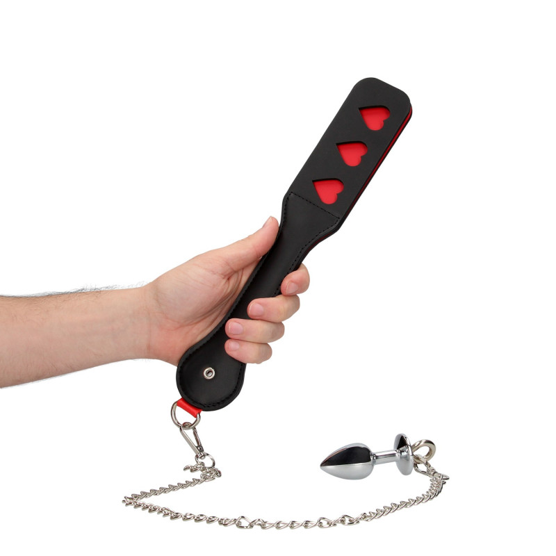 Шлепалка с анальной пробкой на цепочке Hearts Paddle with Metal Anal Plug