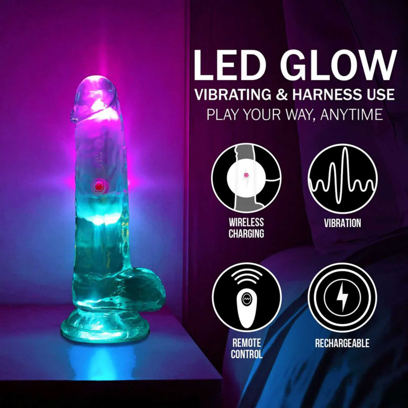 Реалистичный прозрачный вибратор с подсветкой и пультом ДУ LED Vibrating Straight Cock with Balls, 15 см
